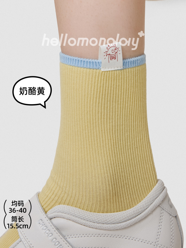 85911 诸暨袜子女秋冬季布标撞色中筒袜双针粗线堆堆棉袜运动白色|undefined