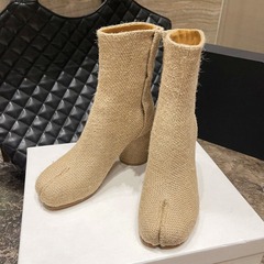 牛皮版～分趾靴新款套筒真麻布粗跟中跟高跟短靴時尚豬蹄鞋女