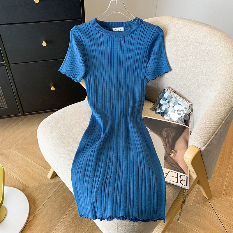 Real Shot in stock Summer New Round Neck Short Sleeve dress Sweet Solid Color All-match Age-reducing Knitted Dress for Women