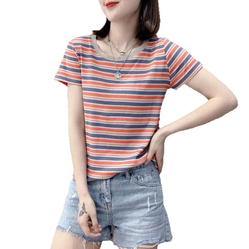 2025 新しい夏の女性の純粋な綿半袖 tシャツストライプトップス人気の女性の tシャツスリムフィット小柄な人|undefined