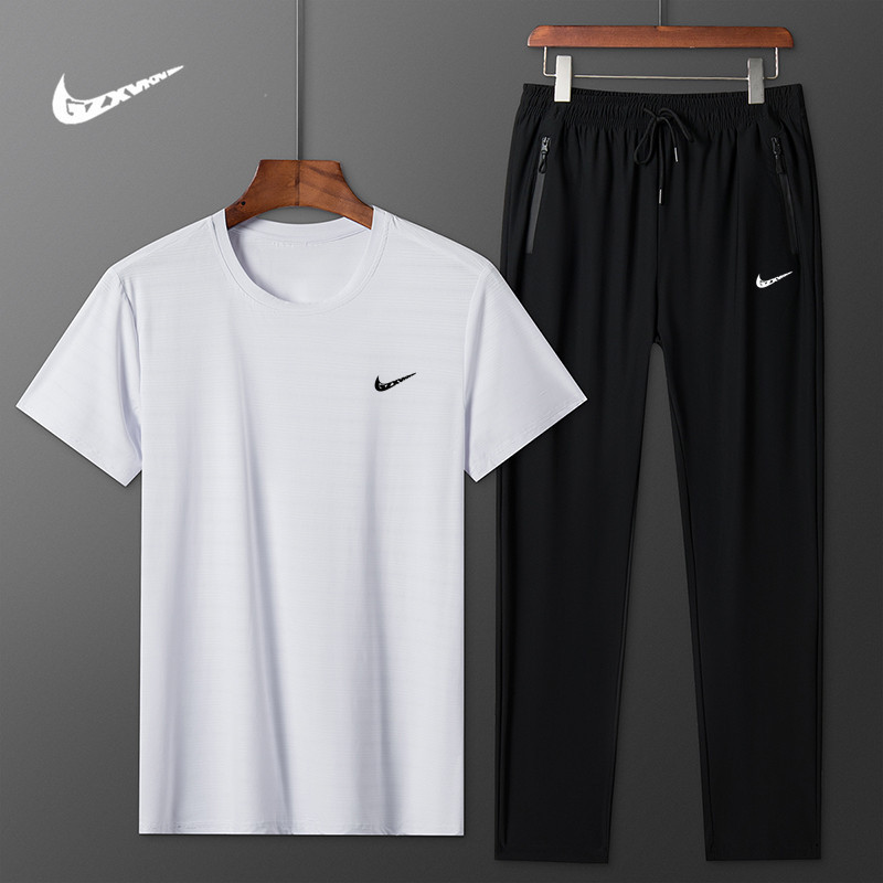 Men's Summer Thin Elastic Ice Silk Pants and T-Shirt Set, Large Size Sports Wear Two-Piece Casual Suit for Men Men's Summer Thin Elastic Ice Silk Pants and T-Shirt Set, Large Size Sports Wear Two-Piece Casual Suit for Men