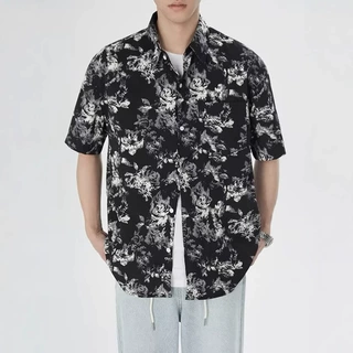 夏季新款男装休闲时尚潮牌港风复古设计感碎花短袖衬衫高级感上衣