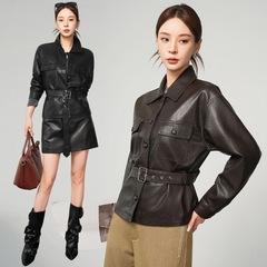 海宁真皮皮衣女士腰带收腰2025春秋韩版短款宽松绵羊皮夹克外套潮