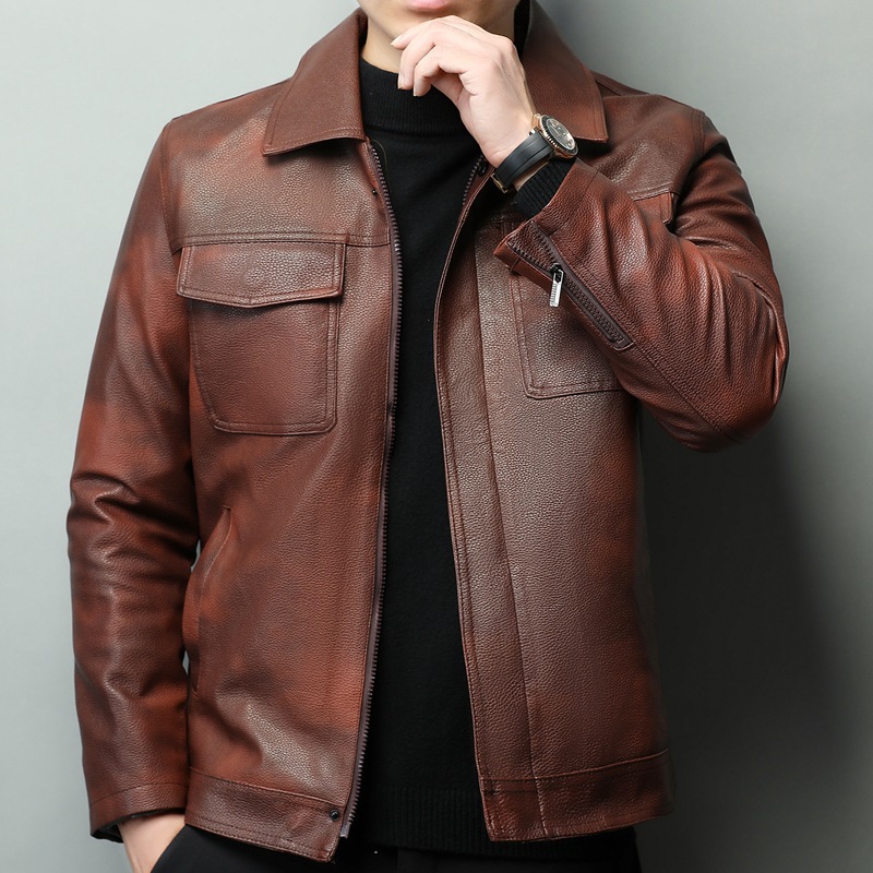 카키 가죽 재킷 - 브라운 두꺼운 버전