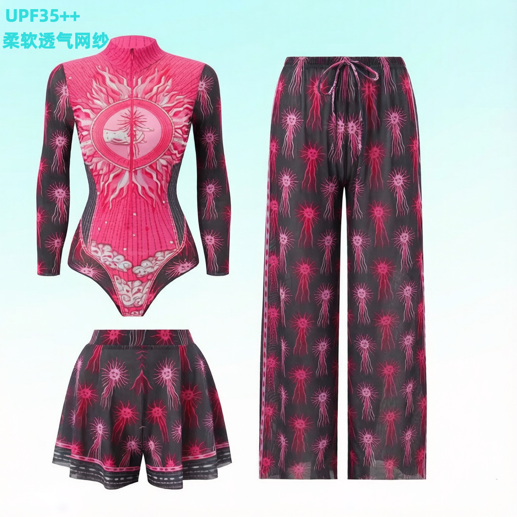 One-piece long-sleeved sun-protective swimsuit three-piece set with mesh pants, Russian women's swimsuit