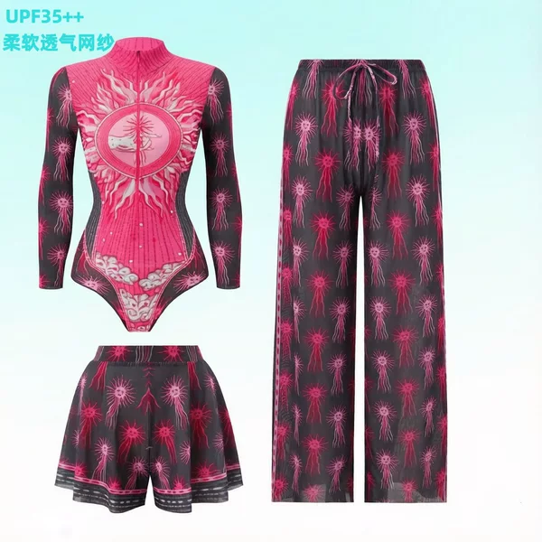 One-piece long-sleeved sun-protective swimsuit three-piece set with mesh pants, Russian women's swimsuit