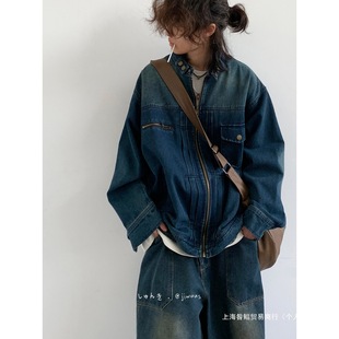 Cross-border American-style handsome retro stand collar Denim coat for men and women spring and autumn loose leisure tide brand washing machine car clip