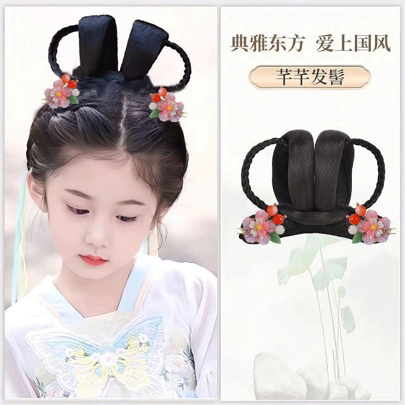 子供用古代衣装ヘアピース、かわいい女の子用漢服風ヘアピースセット、シンプルで多用途な古代風おだんごヘアバッグ|undefined