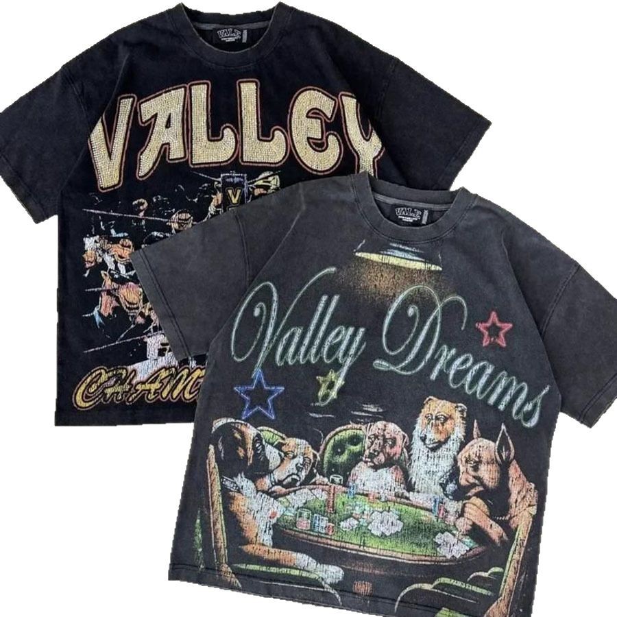 Verano estilo americano retro impresión oscura lavado con agua hace viejos bloques sueltos oversize hip hop skate camiseta de manga corta