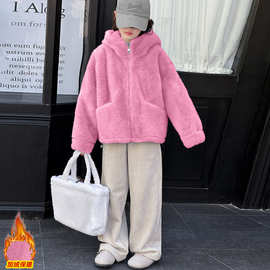 女童秋冬加绒毛毛外套秋冬加厚保暖连帽拉链糖果色外套洋气毛毛衣