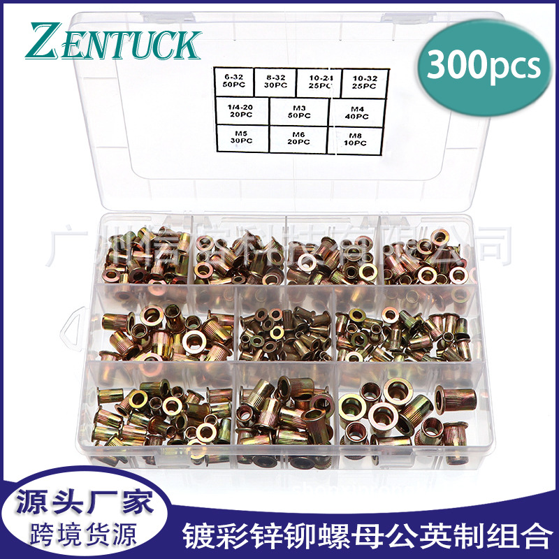 跨境货源 300pcs盒装镀彩锌铆螺母 平头竖纹铆螺母组合套装 批发