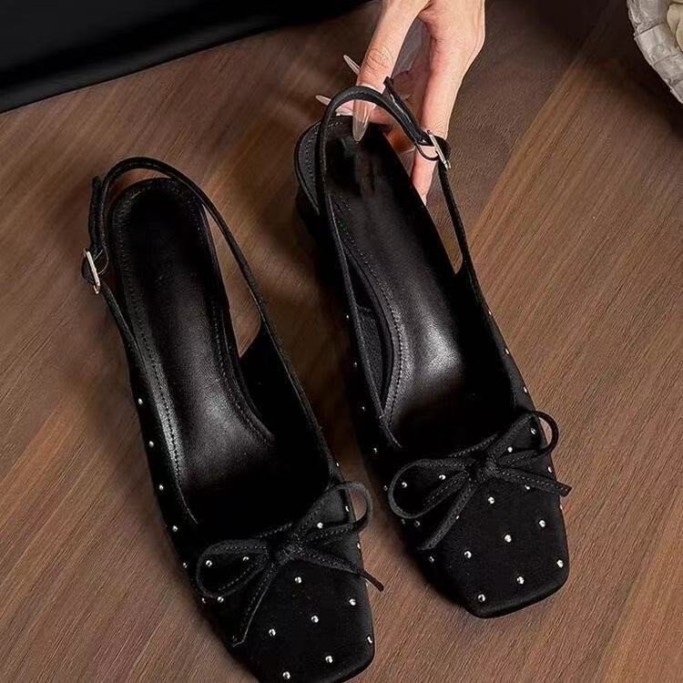 Red famoso nuevo arco negro zapatos de mujer zapatillas de verano de seda de tacón grueso tacones altos zapatos de moda