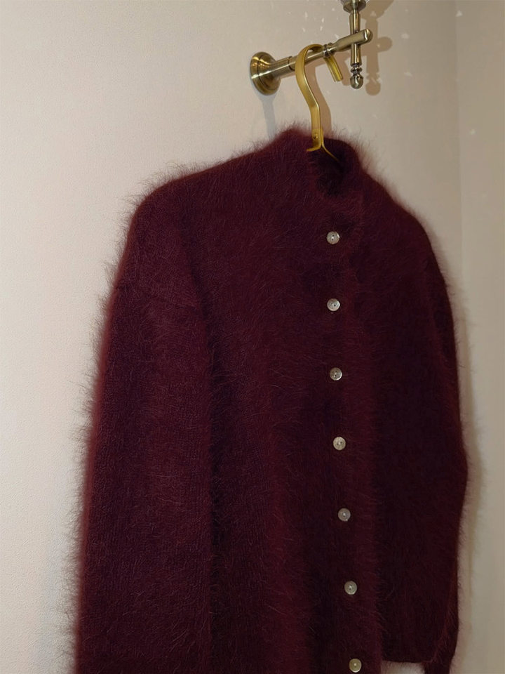 Áo khoác cardigan len nữ dáng ôm cổ tròn tay dài một hàng cúc chất liệu lông mềm mại — Màu hồng, Màu trắng, Màu xám nhạt, Xanh đậm chi tiết 18