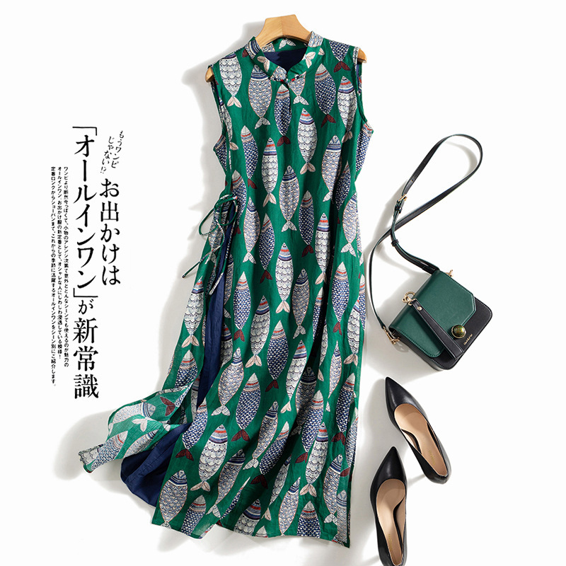 Chinese Modified Cheongsam Cotton and Linen Dress Artistic Women's Summer 2022 Robe Sleeveless Ramie Buckle Printed Dress Chinese Modified Cheongsam Cotton and Linen Dress Artistic Women's Summer 2022 Robe Sleeveless Ramie Buckle Printed Dress