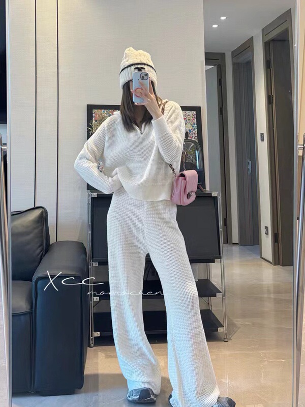 在庫あり alo ニットワイドレッグパンツレディースドレープハイウエストカジュアルスリムパンツ + ニットハイ V ネック長袖レディーススーツ|undefined