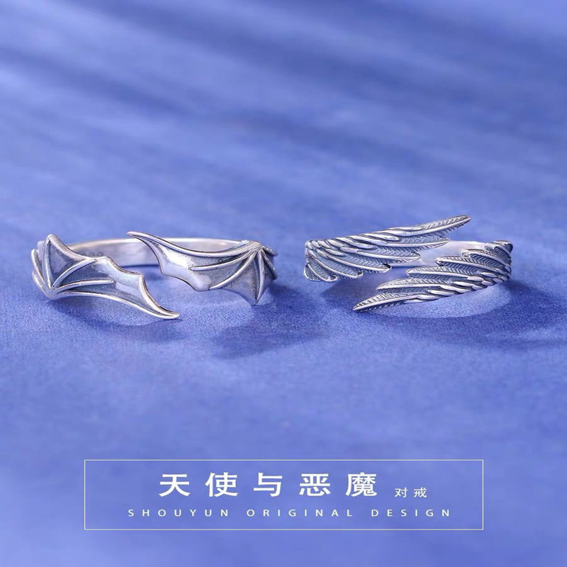 Angel devil couple pair ring sterling silver retro personality to send male girlfriend ring a pair of Valentine's Day gifts wholesale