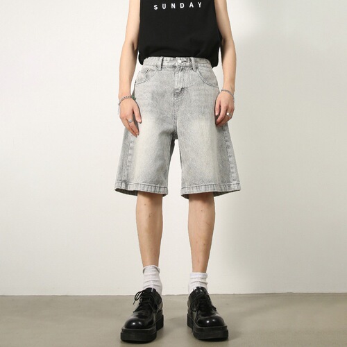 Summer new American retro distressed blue denim shorts men's loose straight-leg five-pocket pants versatile hot pants trendy brand