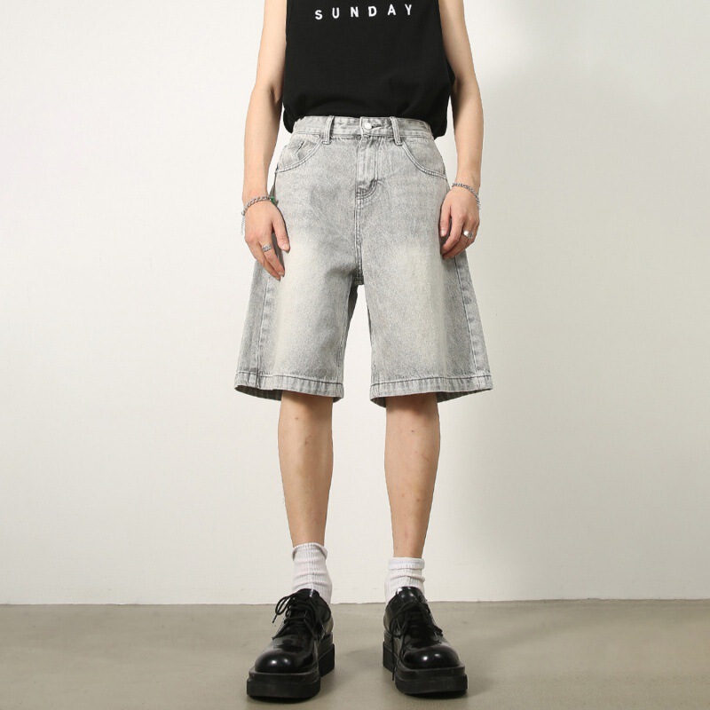 Summer New American Retro Distressed Blue Denim Shorts for Men, Loose Straight Five-Point Shorts, Versatile Hot Pants, Trendy Brand