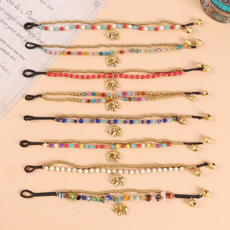 Hand-Woven Ethnic Elephant Bracelet Xizang Style Exoticism Bohemian Double Beaded Bell Retro Hand Rope for Women Hand-Woven Ethnic Elephant Bracelet Xizang Style Exoticism Bohemian Double Beaded Bell Retro Hand Rope for Women