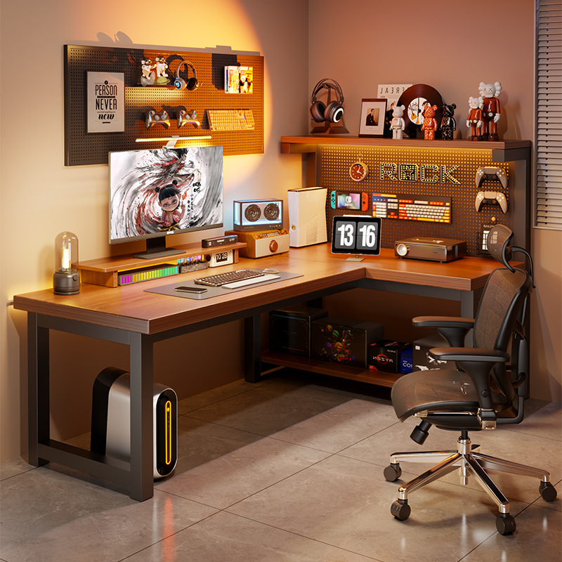 Sala de estudio esquina escritorio de computadora dormitorio escritorio de escritorio para el hogar estantería mesa de juego doble integrada escritorio de oficina de esquina