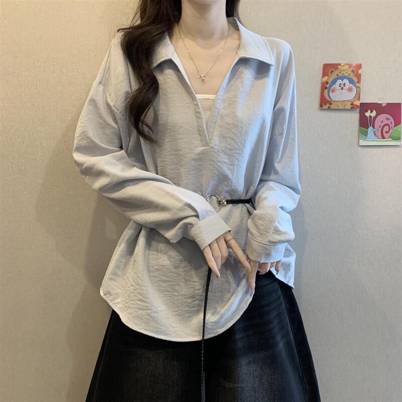 韩系V领正肩长袖衬衫女2025春秋新款通勤百搭遮肚收腰假两件上衣|undefined