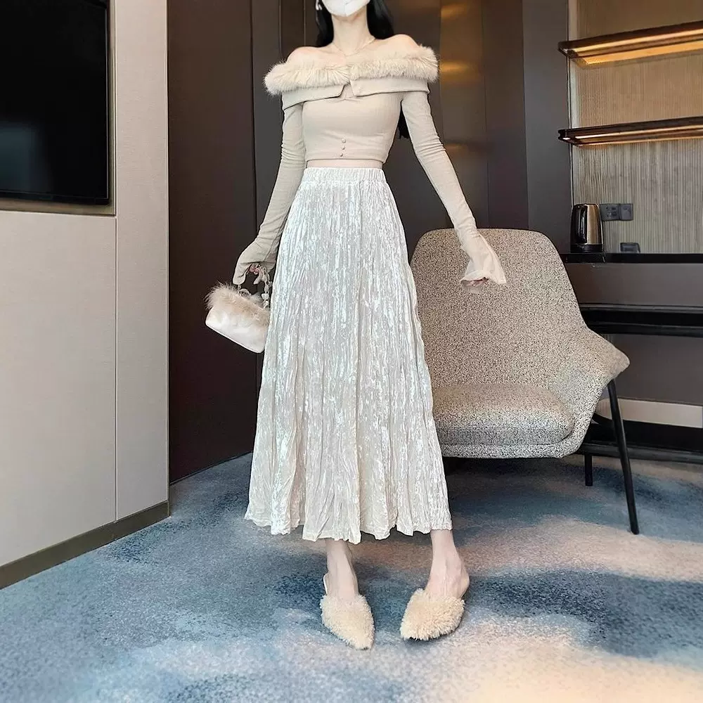 金丝绒半身裙女秋冬新款小个子中长款松紧腰显瘦褶皱a字百褶伞裙