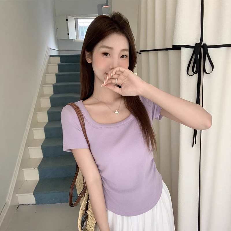 Purple Taro Pleated Square Neck Short Sleeve T-Shirt for Women, Summer 2026 New Design, Unique and Stylish Top Purple Taro Pleated Square Neck Short Sleeve T-Shirt for Women, Summer 2026 New Design, Unique and Stylish Top