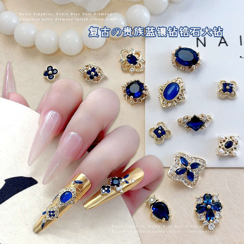 Sapphire Zircon Nail Art Accessories Buccellati Court Style Hollow Design Imperial Concubine Return to the Palace Nail Rhinestones Wearable Nail Decorations