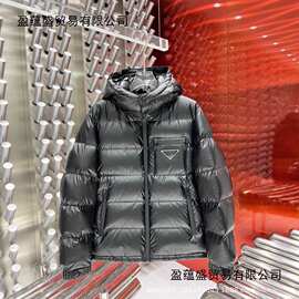 正确版本25FWP家拉链口袋饰三角标连帽时尚羽绒服宽松版型情侣款