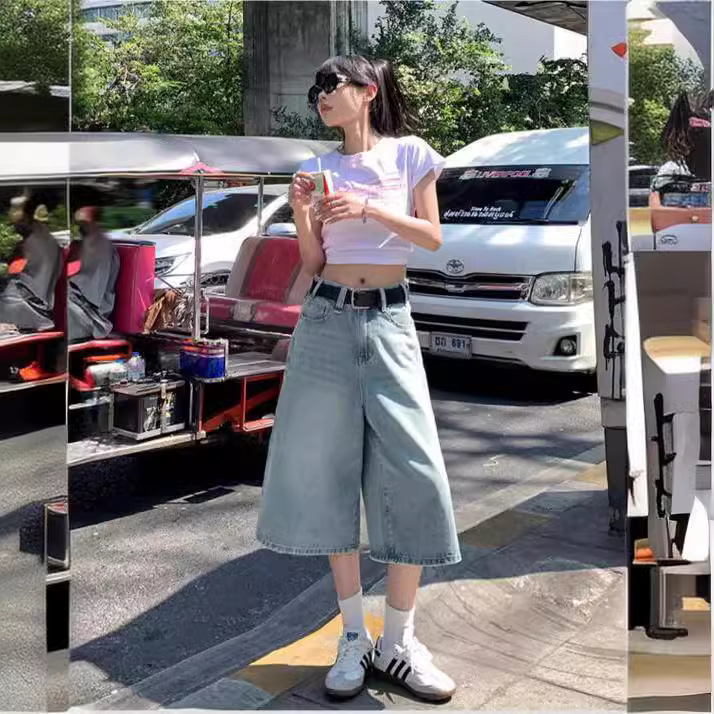 여름 청바지 신상 레트로 워싱 디스트레스드 7부 데님 팬츠 하이웨이스트 루즈핏 와이드 팬츠 여성 유니섹스 스타일