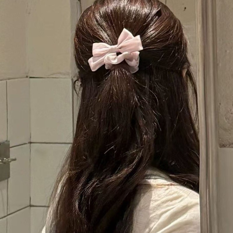 韩国小众精致氛围感纯色珠光蝴蝶结发圈简约减龄少女亮丝弹力皮筋|undefined