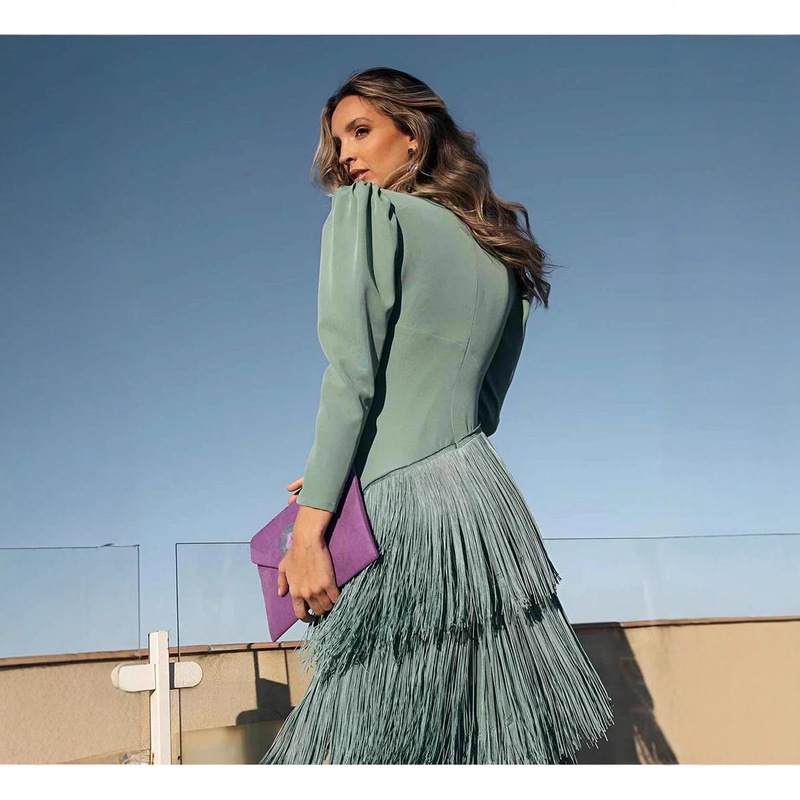 Customized Elegant Tassel Dress Formal Gown French V-Neck Long-Sleeve Tassel Evening Dress Women's Maxi Dress Hot Sale