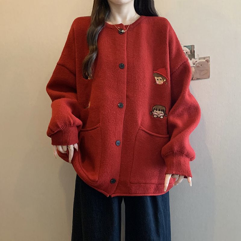 Lazy Style Christmas and New Year Red Sweater Jacket for Women Autumn and Winter Large Size Fat mm Loose Age-Reducing Knitted Cardigan Top
