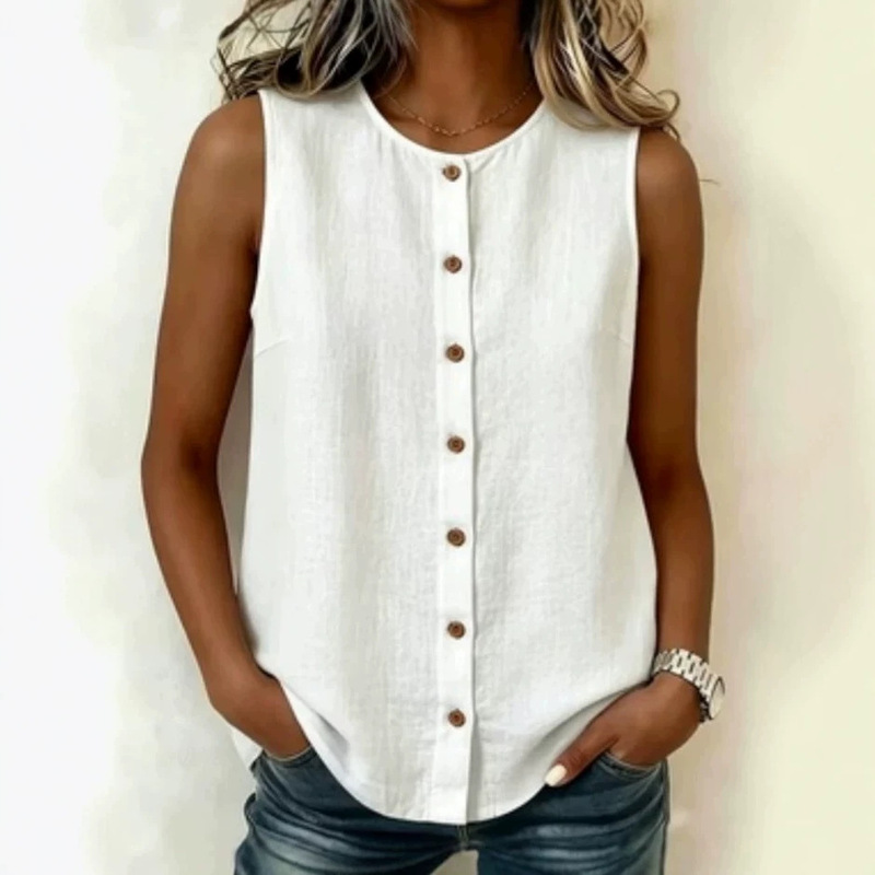 20026/Amazon European and American Cross-Border Popular Cotton and Linen Casual Vest Women's Sleeveless Round Neck Buttoned Women's Shirt
