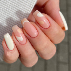 法式裸色愛心中長款穿戴甲甲片ins風可拆卸美甲貼片成品