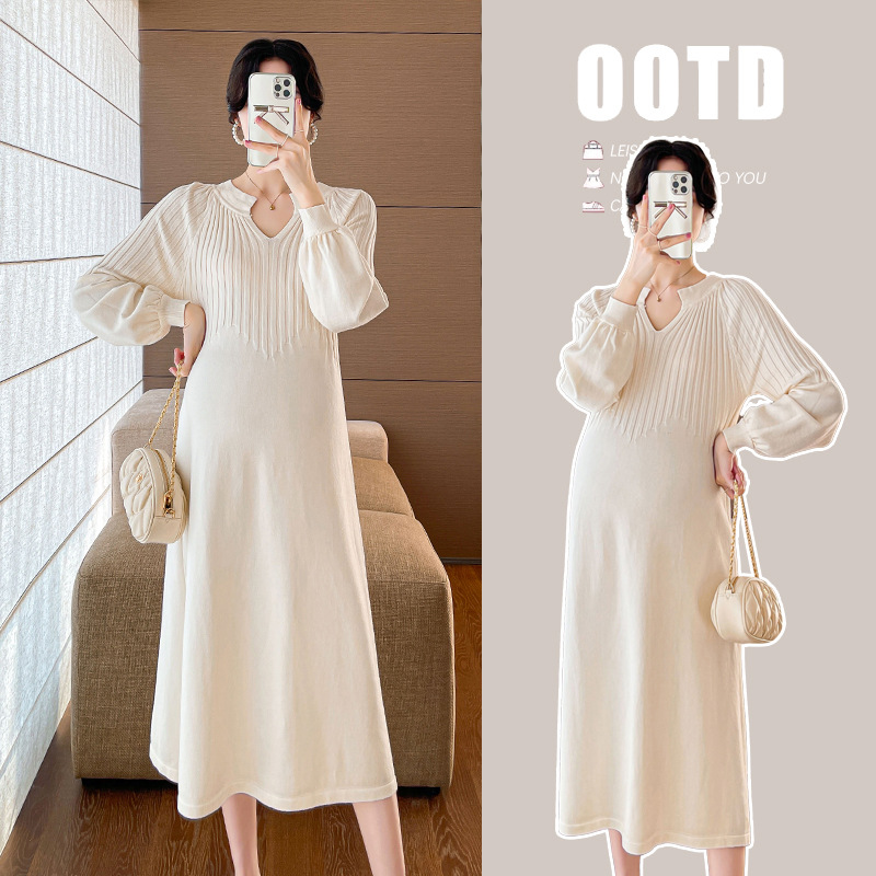 Pregnant Women's Fashion Elegant 2024 Korean Style Pregnant Women's Sweater Dress Loose Mid-length Hot Mom Knitted Pregnant Women's dress
