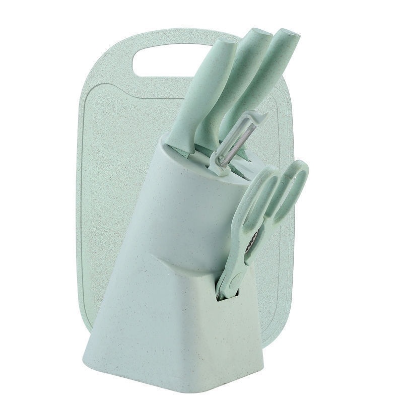 Fabricante de paja de trigo de color con cuchillo base 6 piezas de cuchillo de acero inoxidable cuchillo de cocina doméstico conjunto de regalo