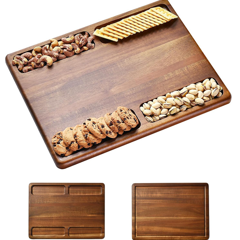 Bandeja de madera, bandeja de tabla de cortar disponible de doble cara creativa, bocadillos de frutas, tabla de queso, bistec, plato de queso dividido