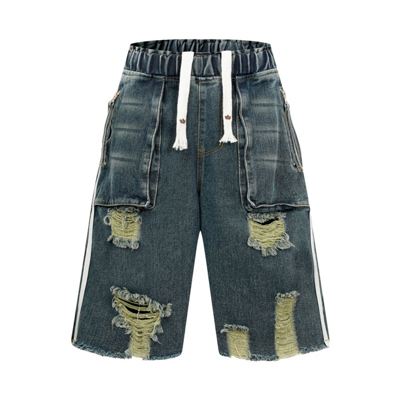 Big Pocket Street Fashion Brand Hip Hop High Street Washed Ripped Edge Cat Whare Denim Shorts Shorts Men's Straight Pants