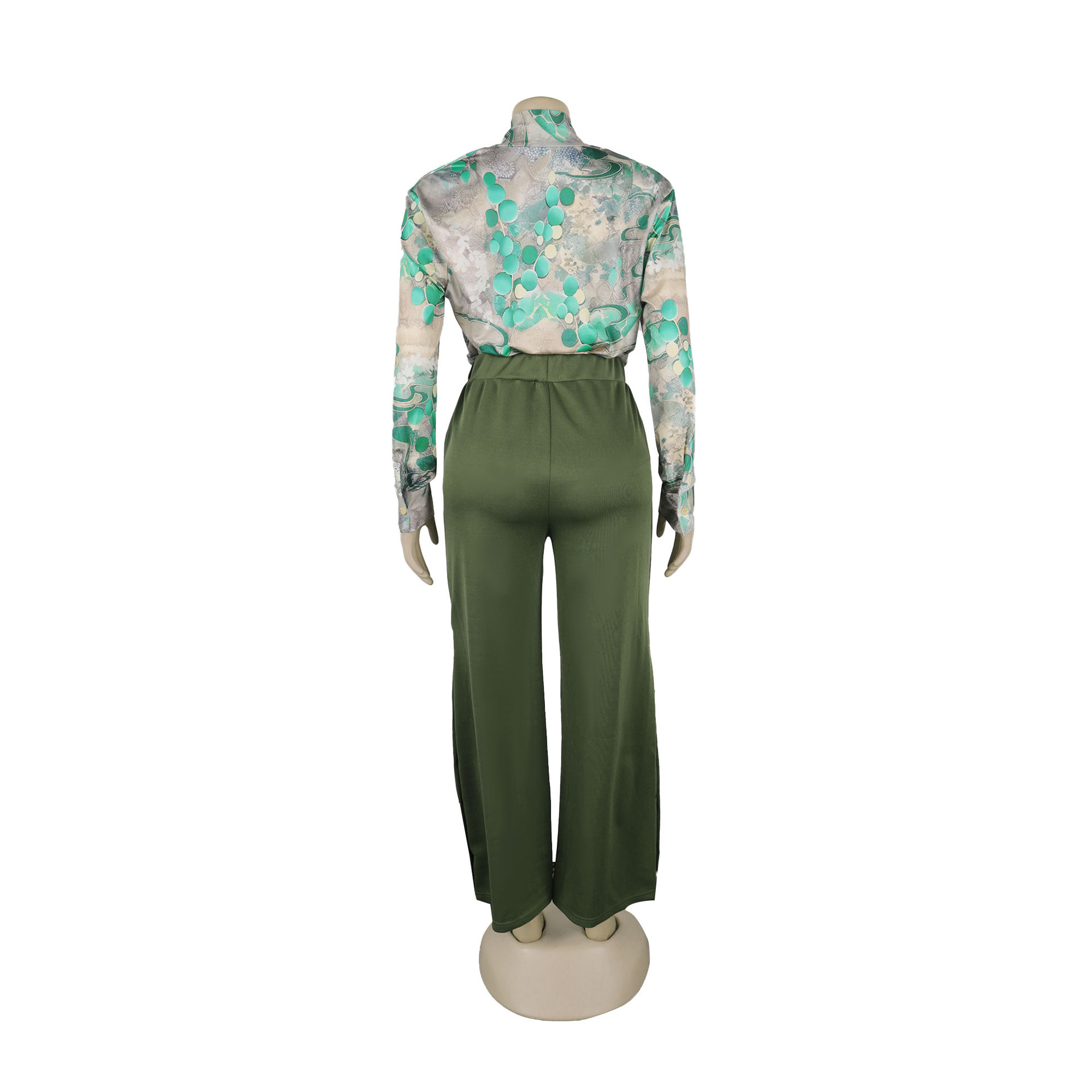Women Printed V neck Shirt Wide Leg Pants Two Piece Set
