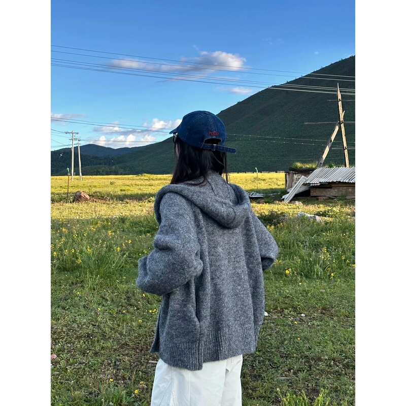 2026 Autumn/Winter Solid Color Thickened Fine Knit Women's Cardigan Loose Fit Hooded Soft Casual Everyday Top