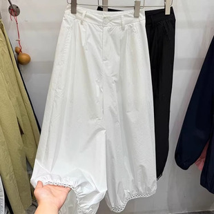Summer New Style Nine-Point Wide-Leg Pants, Large-Foot Straight Lantern Harem Pants, Loose High-Waisted Black and White Spliced ​​Lace Pants