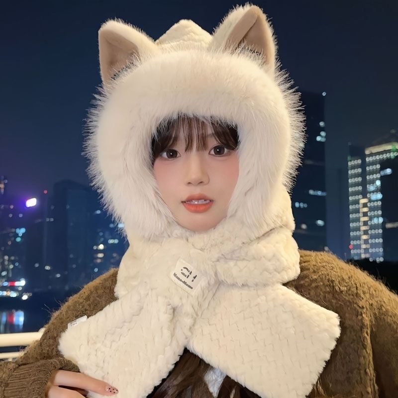 秋冬季帽子女可爱狐狸耳围巾加厚一体围脖毛绒帽骑车保暖护耳帽子|undefined
