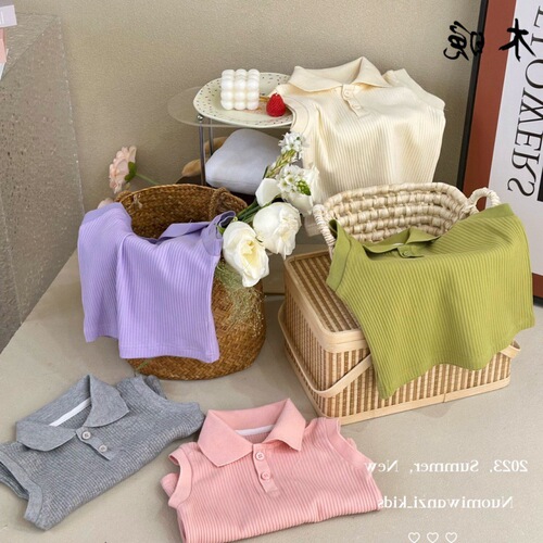 Girls' Summer Vest, Stylish Korean-Style Polo with Turn-Down Collar and Ribbed Design—Perfect for Trendy Kids, Available in Solid Colors, Perfect for Internet Celebrities