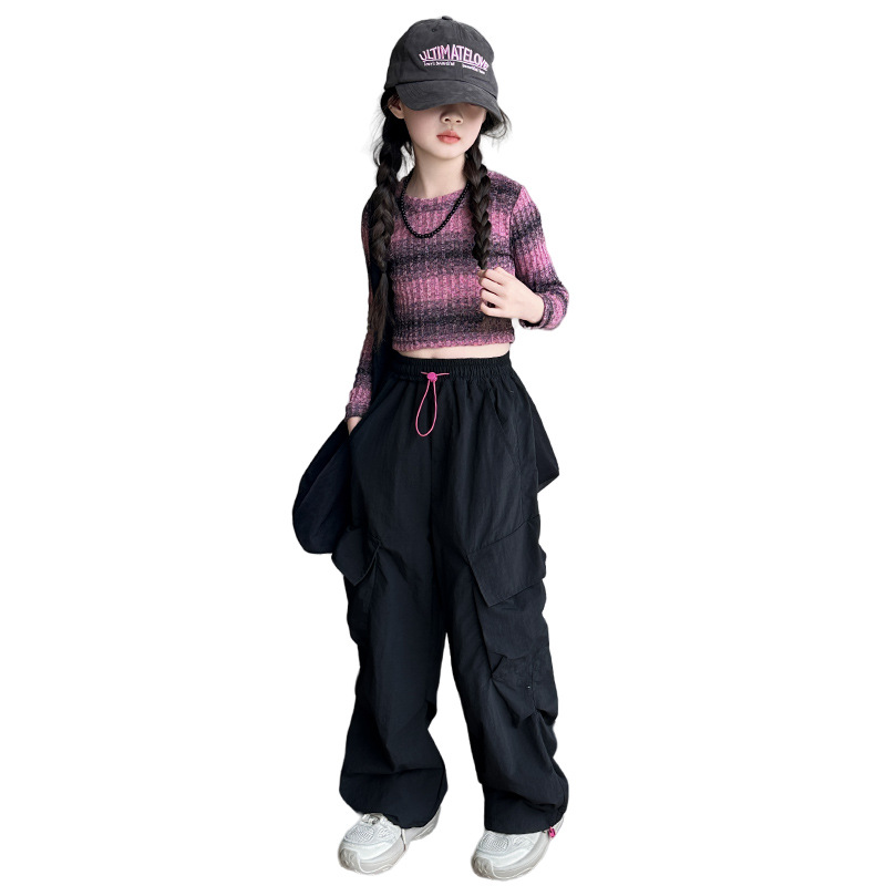 소녀 줄무늬 티셔츠 세트 2024 가을 원피스 대형 어린이 스웨터 작업복 바지 봄과 가을 트렌디 쿨 투피스 대외 무역 세트