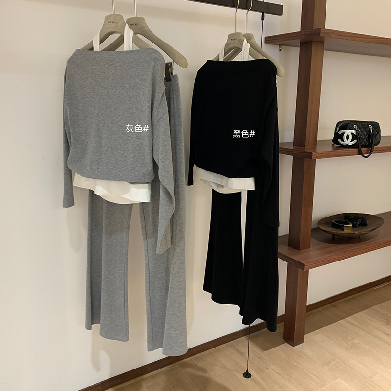 WGWE7112经典美调 美式复古假两件一字肩卫衣抽绳直筒休闲裤套装|undefined