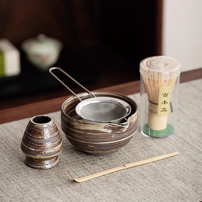 Tea Artist's Same Style Matcha Bowl, Stoneware Tea Bowl with Spout, Japanese Tea Making Utensils, Full Set of Tea Whisk and Stirrer Set, New