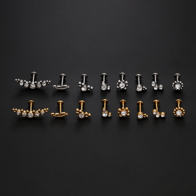 3g Weight Zircon Inlay Material Eyebrow Nails, Ear Studs Classification 1 Piece Quantity Fashion Leaf Round Stainless Steel Inlaid Zircon Eyebrow Nails Ear Studs 1 Piece