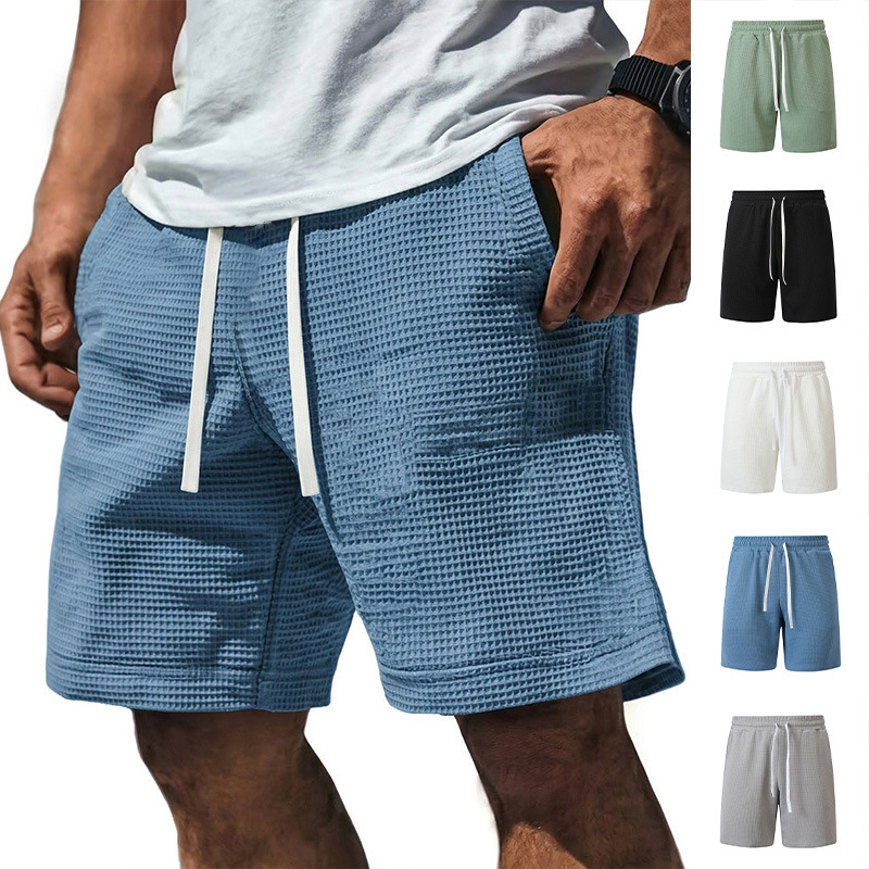 2026 Cross-Border European and American Foreign Trade Summer New Men's Casual Solid Color Drawstring Pocket Waffle Shorts for Men