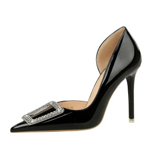 638-K28 European and American Banquet High Heels, Thin Heels, Lacquer Leather, Shallow Mouth, Pointed Side Hollow Metal 